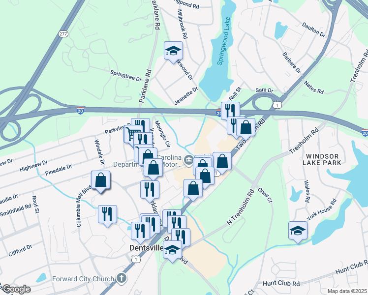 map of restaurants, bars, coffee shops, grocery stores, and more near 32 Moonglo Circle in Columbia