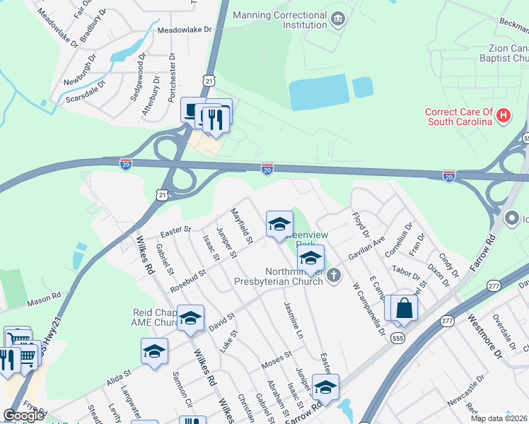 map of restaurants, bars, coffee shops, grocery stores, and more near 815 Easter Street in Columbia