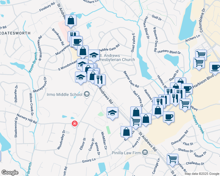 map of restaurants, bars, coffee shops, grocery stores, and more near 142 Country Town Drive in Columbia