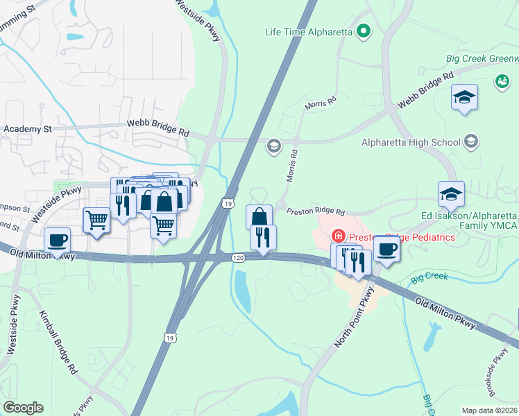 map of restaurants, bars, coffee shops, grocery stores, and more near 63 Country Place Court in Alpharetta