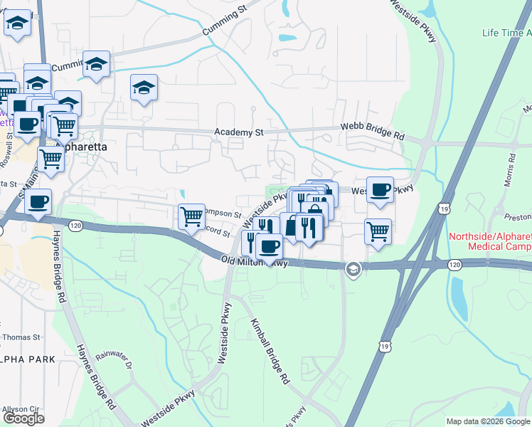 map of restaurants, bars, coffee shops, grocery stores, and more near 203 North Esplanade in Alpharetta