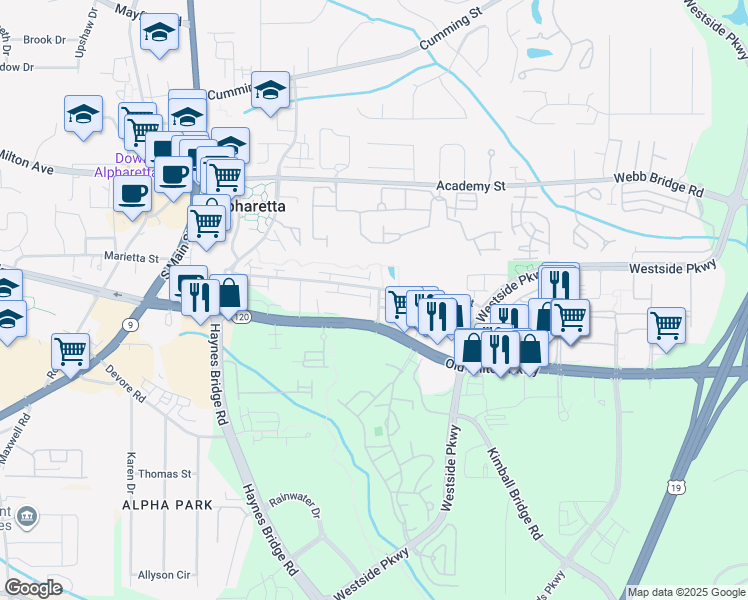 map of restaurants, bars, coffee shops, grocery stores, and more near 166 Park Street in Alpharetta