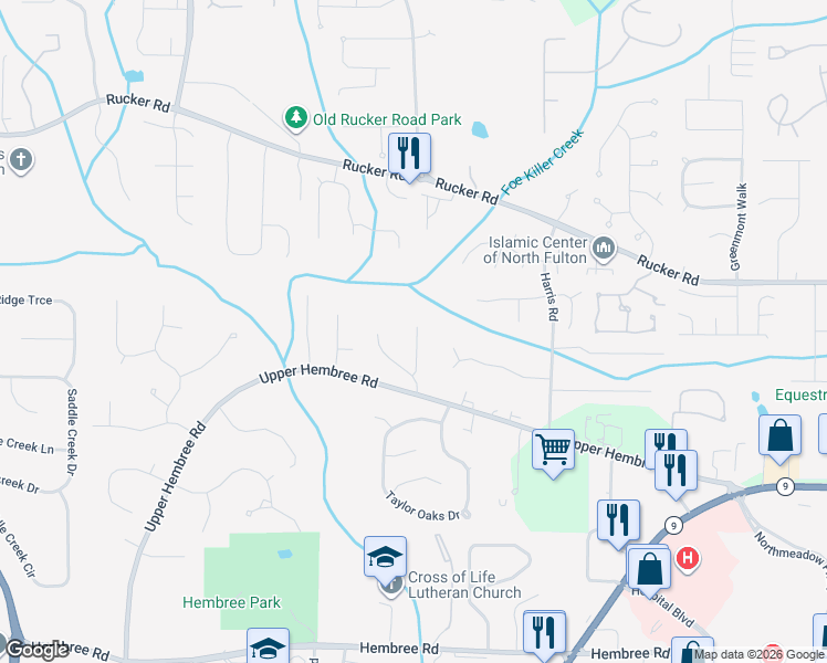 map of restaurants, bars, coffee shops, grocery stores, and more near 425 Foe Creek Drive in Roswell