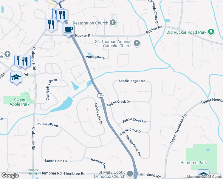 map of restaurants, bars, coffee shops, grocery stores, and more near 640 Saddle Ridge Trce in Roswell