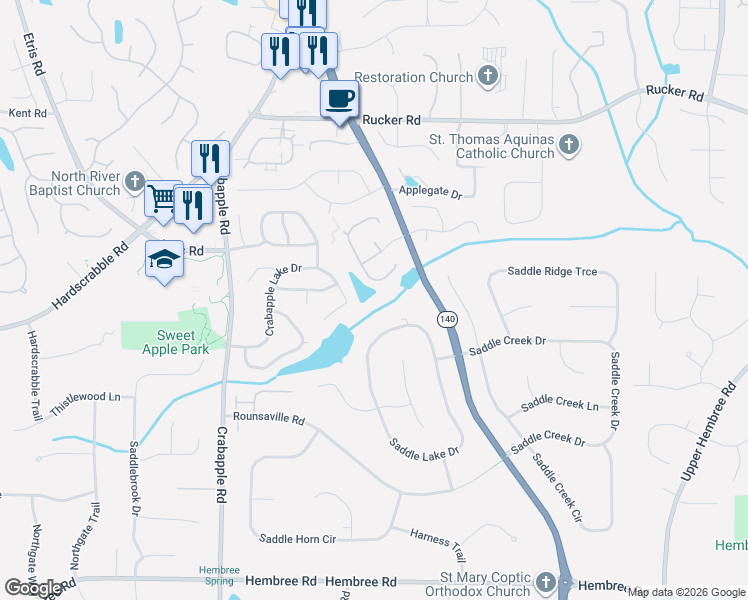 map of restaurants, bars, coffee shops, grocery stores, and more near 215 Saddle Lake Drive in Roswell