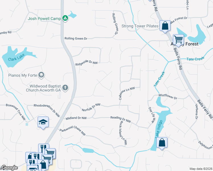 map of restaurants, bars, coffee shops, grocery stores, and more near 1360 Summit Lane Northwest in Acworth