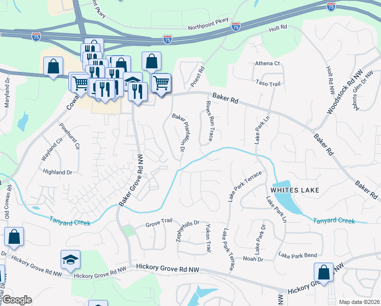 map of restaurants, bars, coffee shops, grocery stores, and more near 4804 Baker Plantation Drive in Acworth