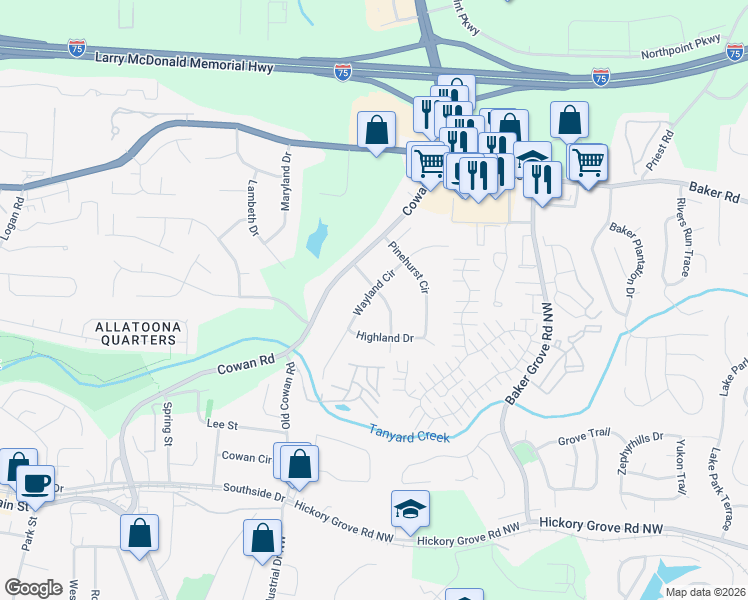 map of restaurants, bars, coffee shops, grocery stores, and more near 4770 Wayland Circle in Acworth