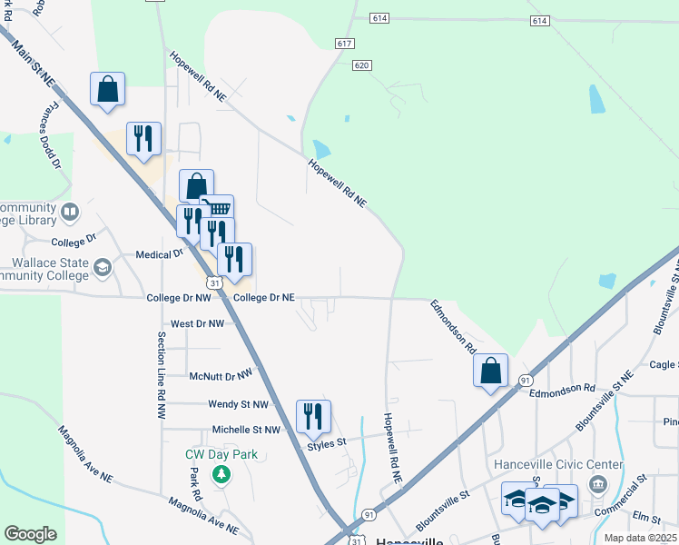 map of restaurants, bars, coffee shops, grocery stores, and more near 2143 College Drive Northeast in Hanceville
