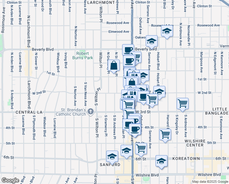 map of restaurants, bars, coffee shops, grocery stores, and more near 161 South Saint Andrews Place in Los Angeles