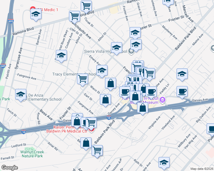 map of restaurants, bars, coffee shops, grocery stores, and more near 13388 Tracy St in Baldwin Park