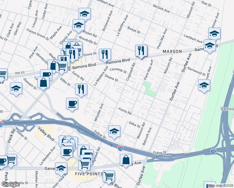 map of restaurants, bars, coffee shops, grocery stores, and more near 3711 Cogswell Road in El Monte
