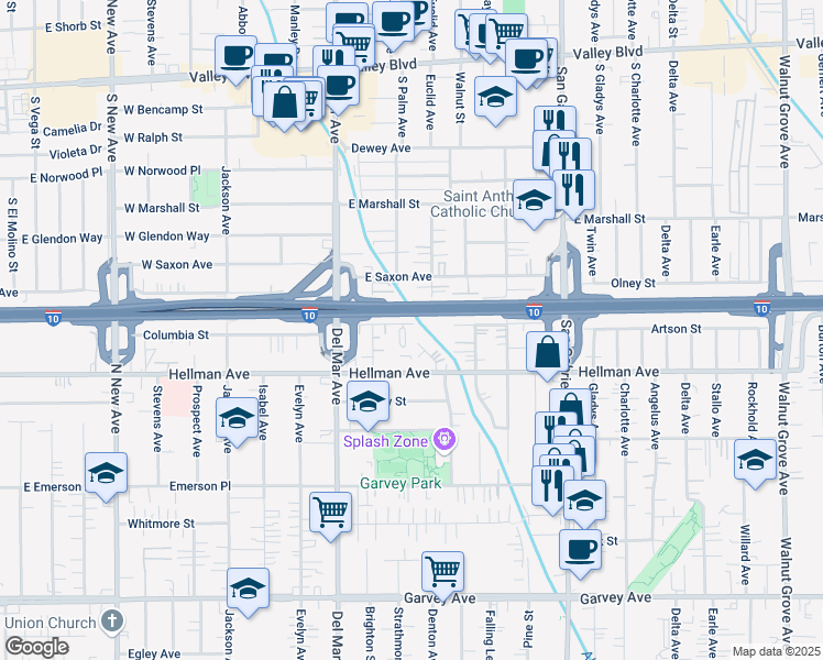 map of restaurants, bars, coffee shops, grocery stores, and more near 7926 Artson Street in Rosemead