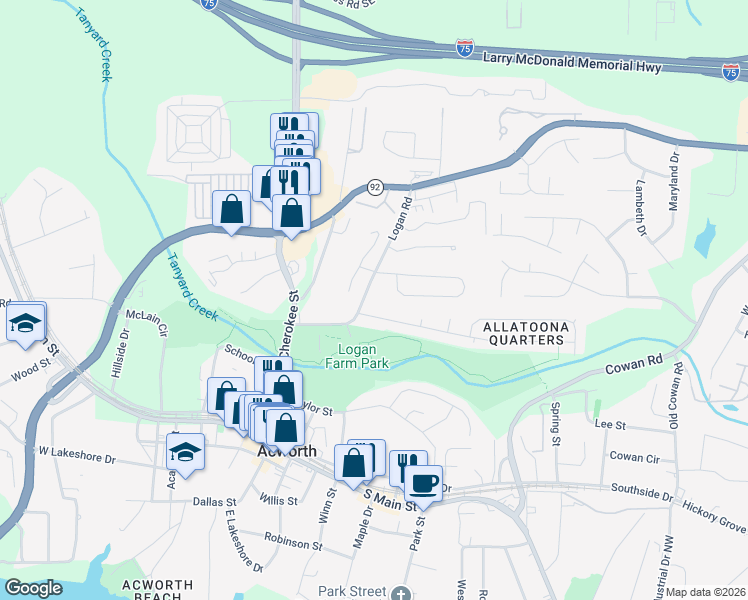 map of restaurants, bars, coffee shops, grocery stores, and more near 4260 Terrace Drive in Acworth