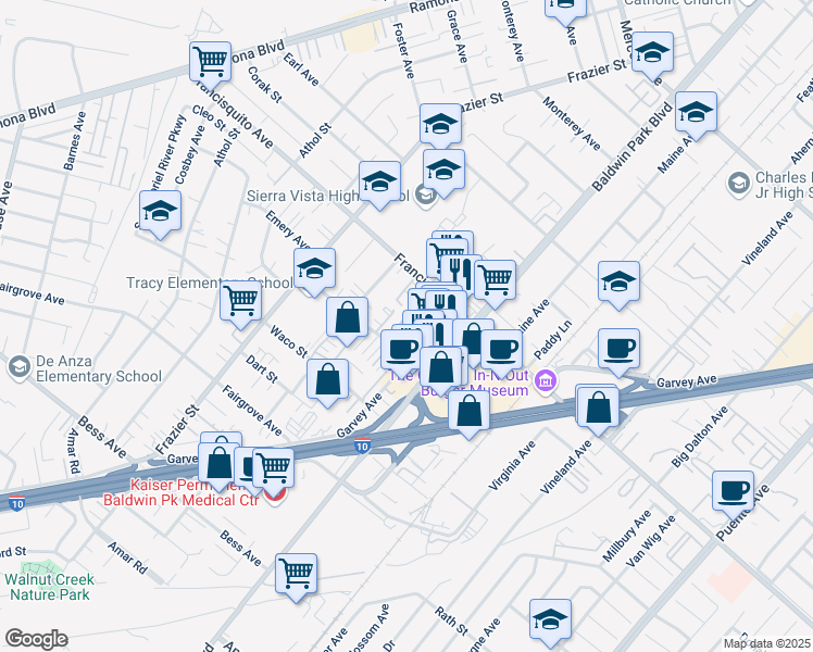 map of restaurants, bars, coffee shops, grocery stores, and more near 13449 Tracy Street in Baldwin Park