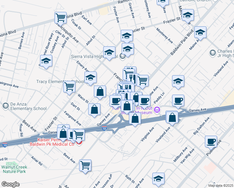 map of restaurants, bars, coffee shops, grocery stores, and more near 13511 Tracy Street in Baldwin Park