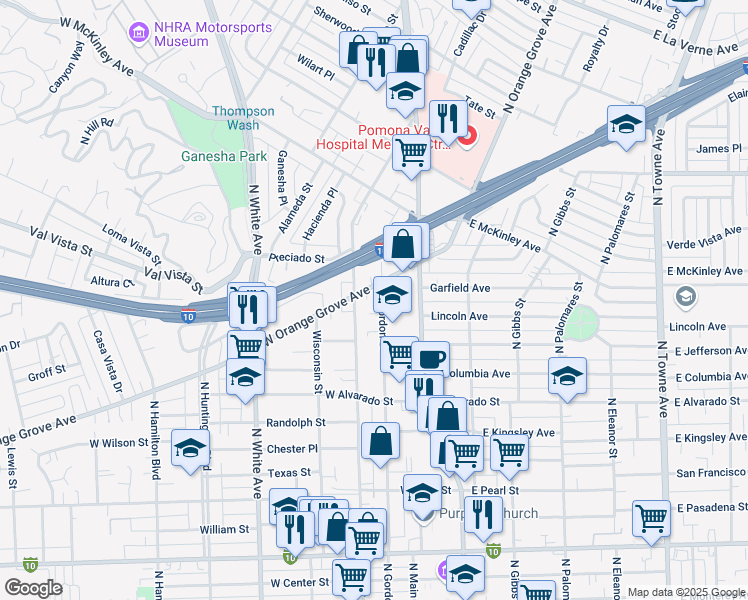 map of restaurants, bars, coffee shops, grocery stores, and more near 1355 North Gordon Street in Pomona
