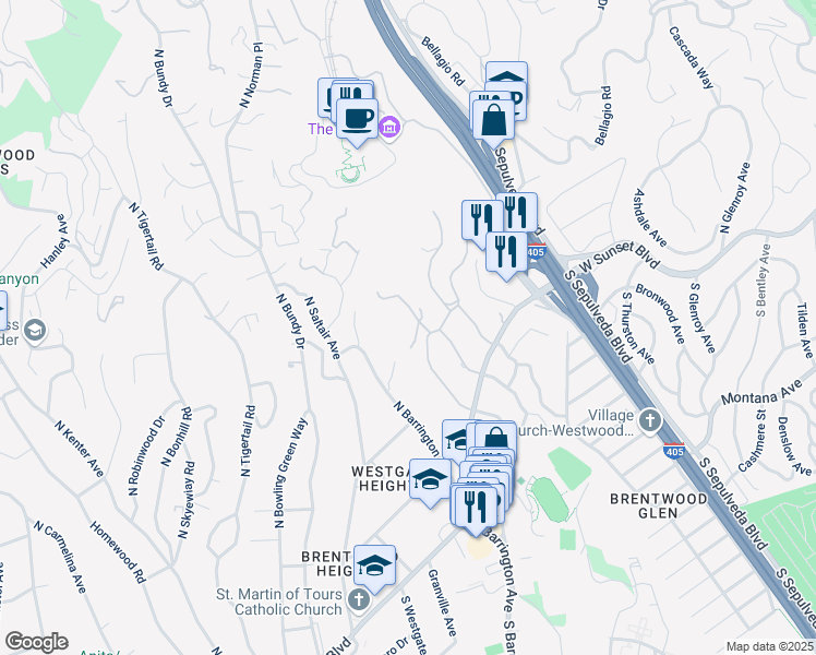 map of restaurants, bars, coffee shops, grocery stores, and more near 435 Layton Way in Los Angeles