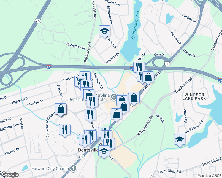 map of restaurants, bars, coffee shops, grocery stores, and more near 32 Moonglo Circle in Columbia
