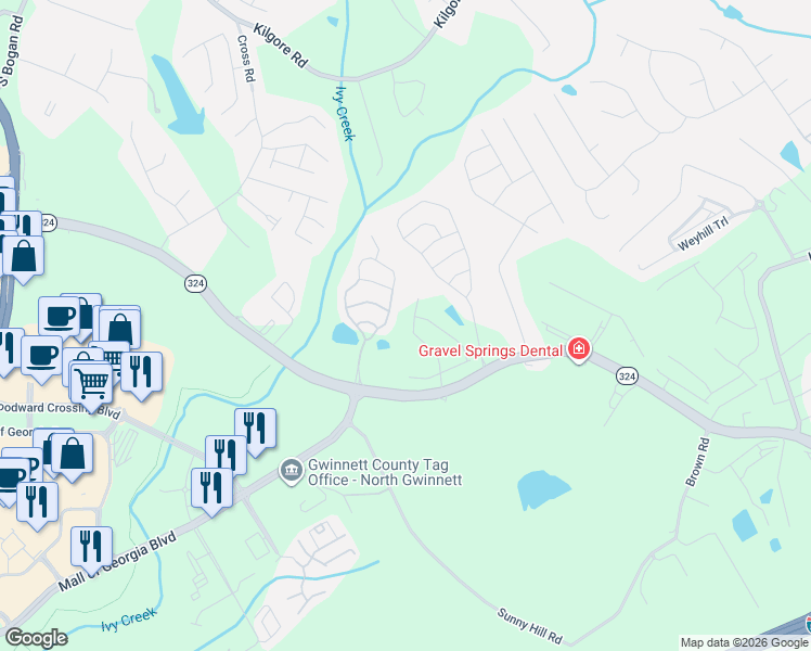 map of restaurants, bars, coffee shops, grocery stores, and more near 3041 Gravel Springs Road in Buford