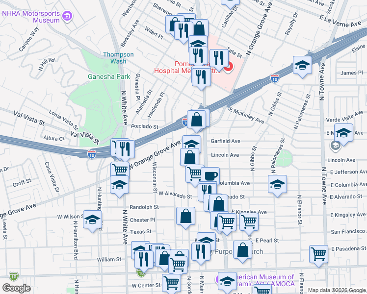 map of restaurants, bars, coffee shops, grocery stores, and more near 1355 North Gordon Street in Pomona