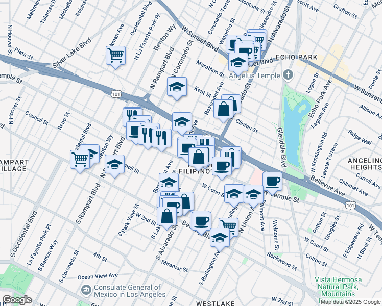 map of restaurants, bars, coffee shops, grocery stores, and more near 236 North Lake Street in Los Angeles