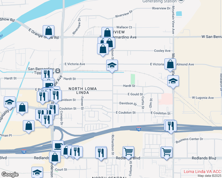 map of restaurants, bars, coffee shops, grocery stores, and more near 1594 Richardson Street in San Bernardino
