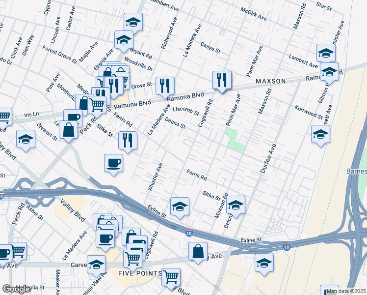 map of restaurants, bars, coffee shops, grocery stores, and more near 3711 Cogswell Road in El Monte
