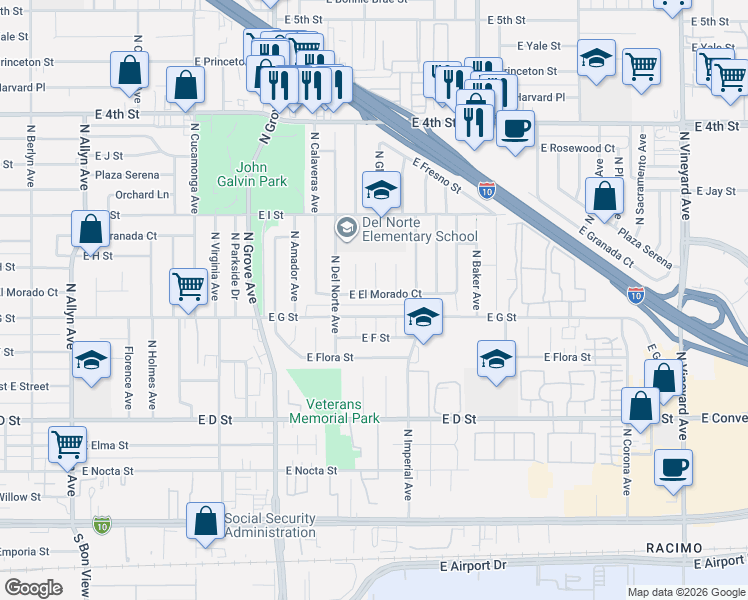 map of restaurants, bars, coffee shops, grocery stores, and more near 1357 East G Street in Ontario