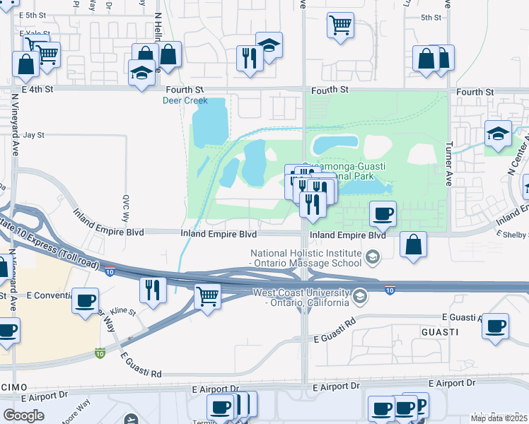 map of restaurants, bars, coffee shops, grocery stores, and more near 2618 E. Date Palm Paseo in Ontario