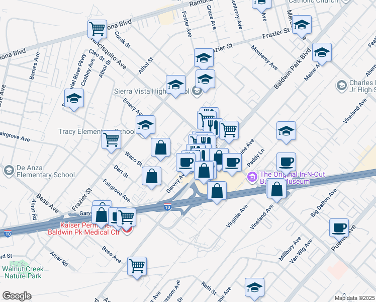 map of restaurants, bars, coffee shops, grocery stores, and more near 13520 Francisquito Avenue in Baldwin Park