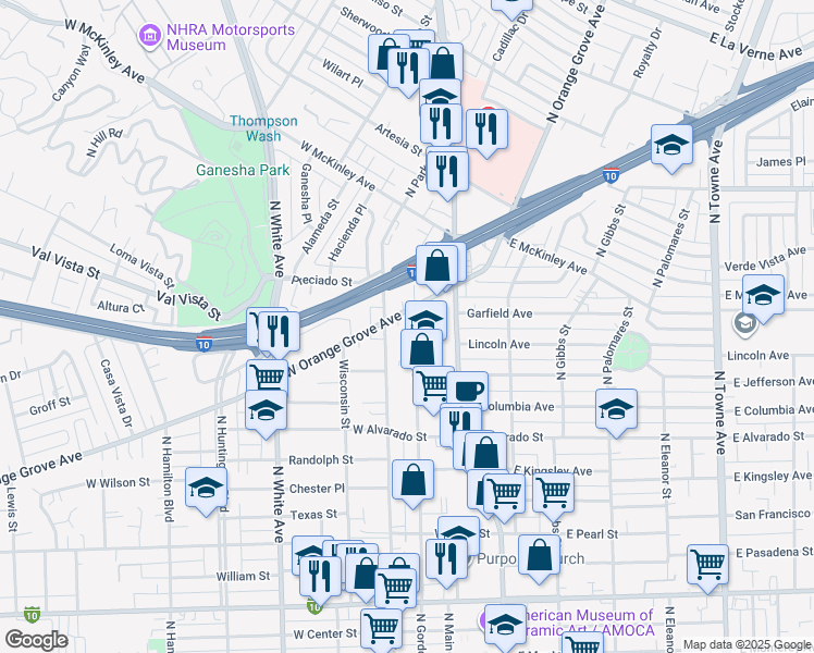 map of restaurants, bars, coffee shops, grocery stores, and more near 1355 North Gordon Street in Pomona