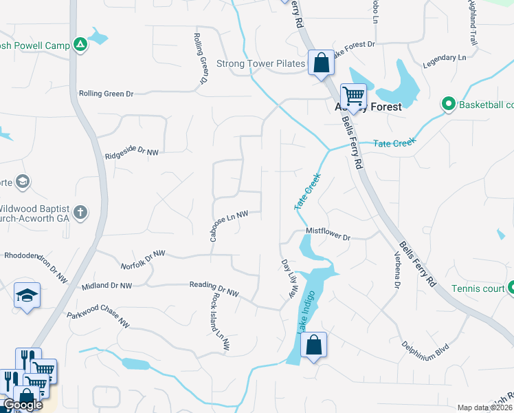 map of restaurants, bars, coffee shops, grocery stores, and more near 816 Moonlit Lane Northwest in Acworth