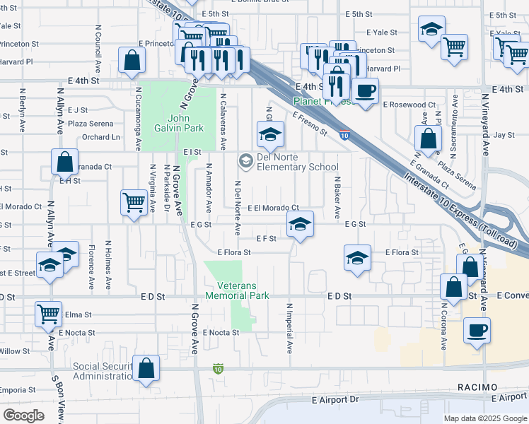 map of restaurants, bars, coffee shops, grocery stores, and more near 1346 East El Morado Court in Ontario