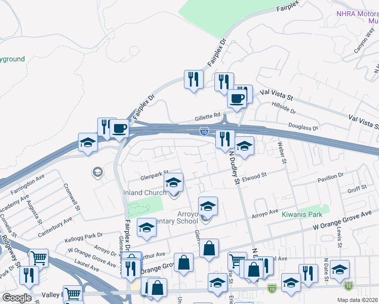 map of restaurants, bars, coffee shops, grocery stores, and more near 1647 Winn Court in Pomona