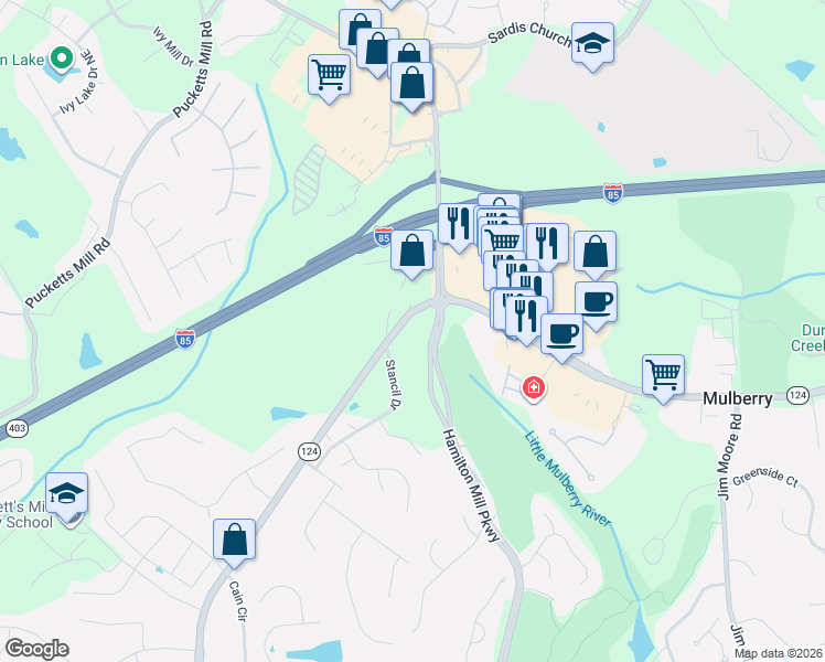 map of restaurants, bars, coffee shops, grocery stores, and more near 2380 Hamilton Mill Parkway in Dacula