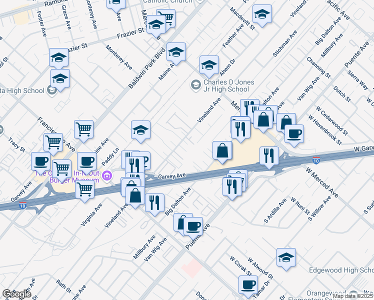 map of restaurants, bars, coffee shops, grocery stores, and more near 3160 Vineland Avenue in Baldwin Park