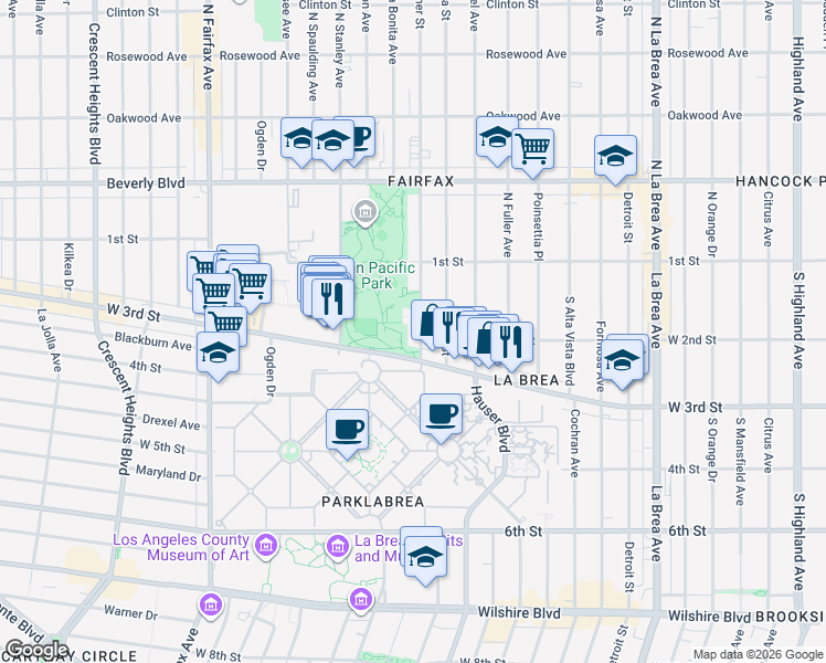 map of restaurants, bars, coffee shops, grocery stores, and more near 177 South Gardner Street in Los Angeles