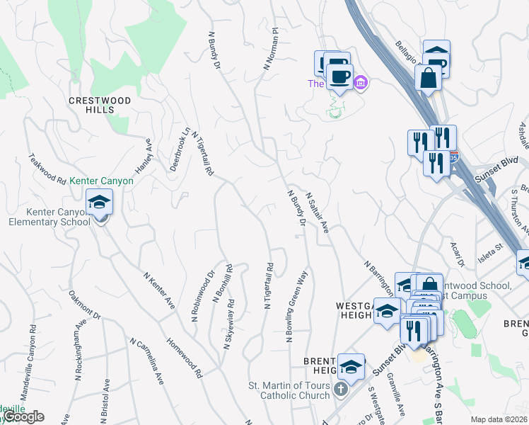 map of restaurants, bars, coffee shops, grocery stores, and more near 590 North Tigertail Road in Los Angeles