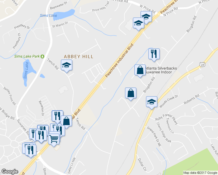 map of restaurants, bars, coffee shops, grocery stores, and more near 5401 Tormeall Trce in Suwanee