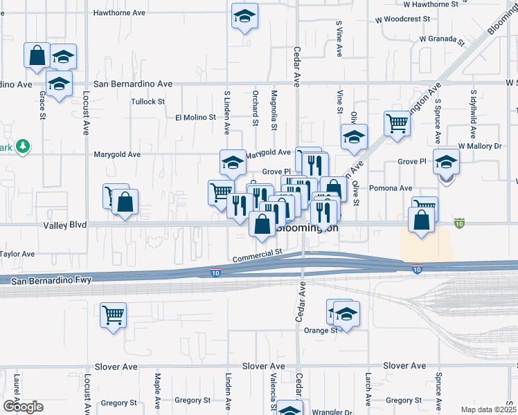 map of restaurants, bars, coffee shops, grocery stores, and more near 10051 Orchard Street in Bloomington