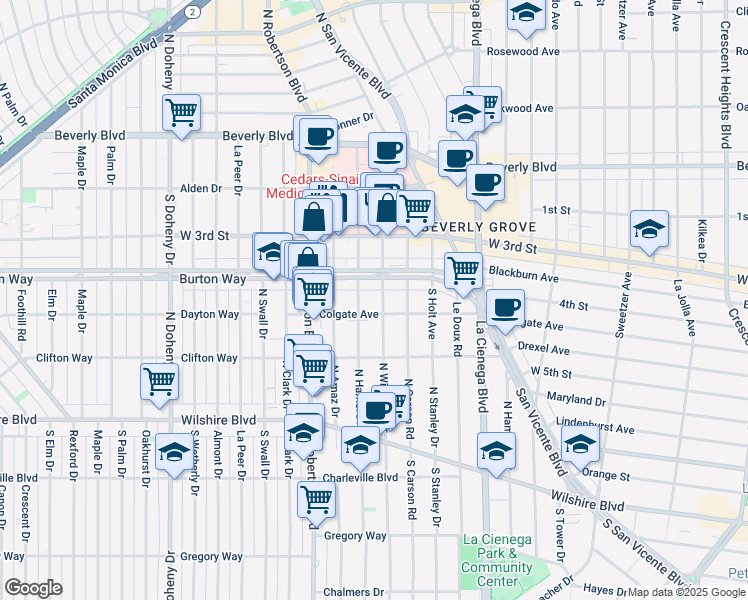 map of restaurants, bars, coffee shops, grocery stores, and more near 425 South Willaman Drive in Los Angeles