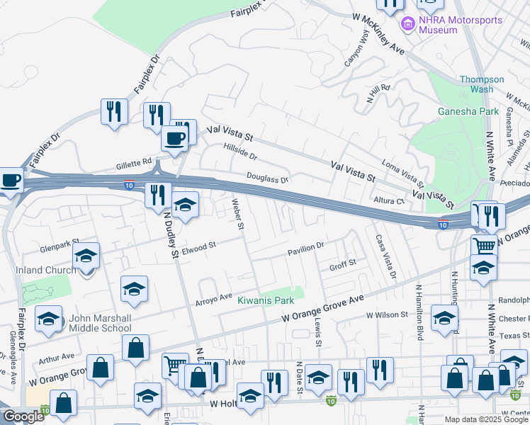 map of restaurants, bars, coffee shops, grocery stores, and more near 1365 Ballerina Place in Pomona