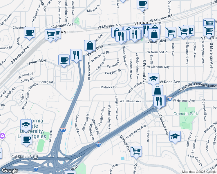 map of restaurants, bars, coffee shops, grocery stores, and more near Midwick Drive in Alhambra