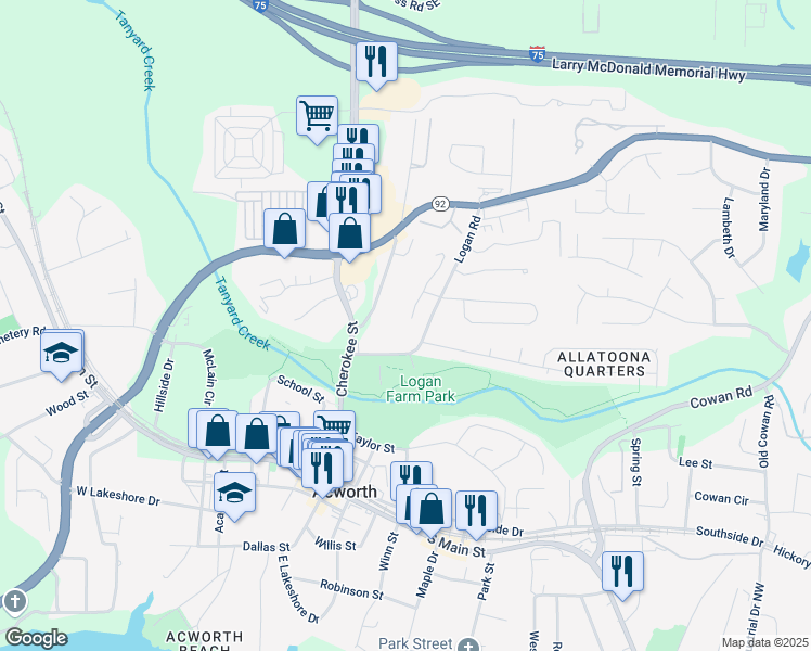 map of restaurants, bars, coffee shops, grocery stores, and more near 4765 Logan Road in Acworth