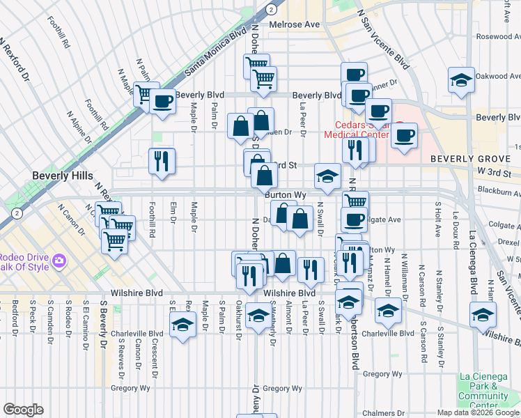 map of restaurants, bars, coffee shops, grocery stores, and more near 316 North Doheny Drive in Beverly Hills