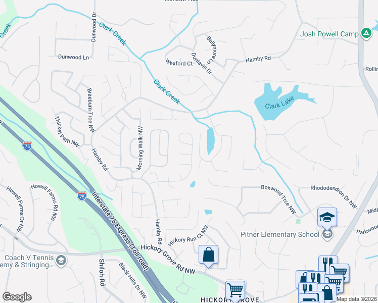 map of restaurants, bars, coffee shops, grocery stores, and more near 1800 Baynard Court Northwest in Acworth