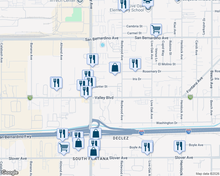 map of restaurants, bars, coffee shops, grocery stores, and more near 14627 Hunter Street in Fontana