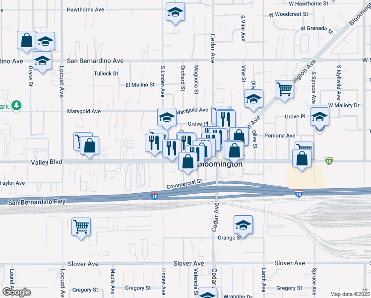 map of restaurants, bars, coffee shops, grocery stores, and more near 10051 Orchard Street in Bloomington