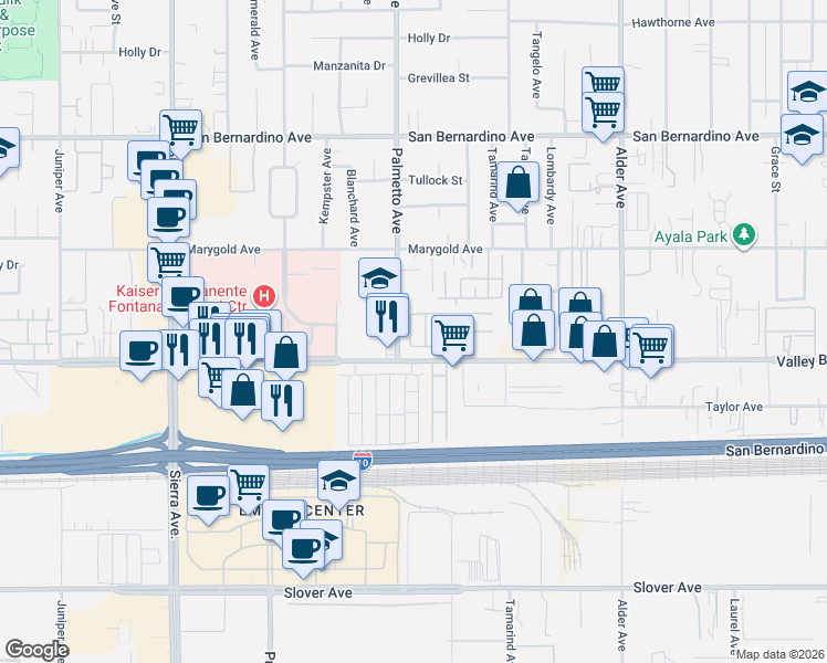 map of restaurants, bars, coffee shops, grocery stores, and more near 17400 Valley Boulevard in Fontana